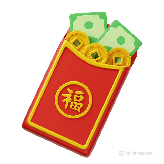 Chinese Festive Decorative Ornament Set with Red Bag Golden Coins Green Banknotes and Fu Character 3d model 