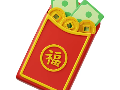Chinese Festive Decorative Ornament Set with Red Bag Golden Coins Green Banknotes and Fu Character 3d model