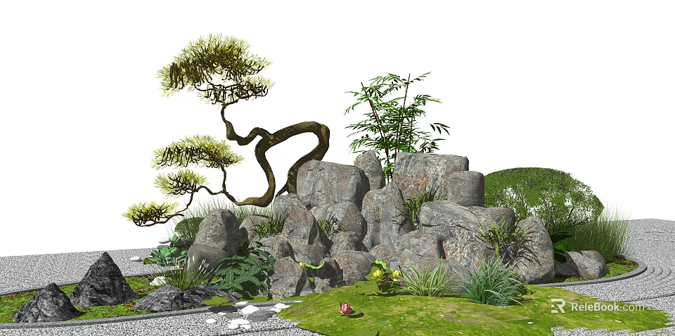 Chinese Style Garden Ornament Featuring Rock Formations Twisted Pine Bamboo Gravel Path And Green Plants 3d model 