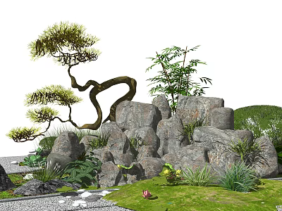 Chinese Style Garden Ornament Featuring Rock Formations Twisted Pine Bamboo Gravel Path And Green Plants 3d model