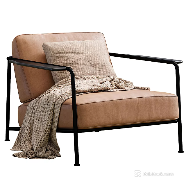 Light Brown Leather Single Sofa with Black Metal Arms Beige Cushion and Knitted Blanket 3d model 