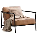 Light Brown Leather Single Sofa with Black Metal Arms Beige Cushion and Knitted Blanket