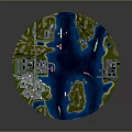 Detailed Circular City Water Miniature Model with Buildings Boats Islands Greenery and Wind Turbines