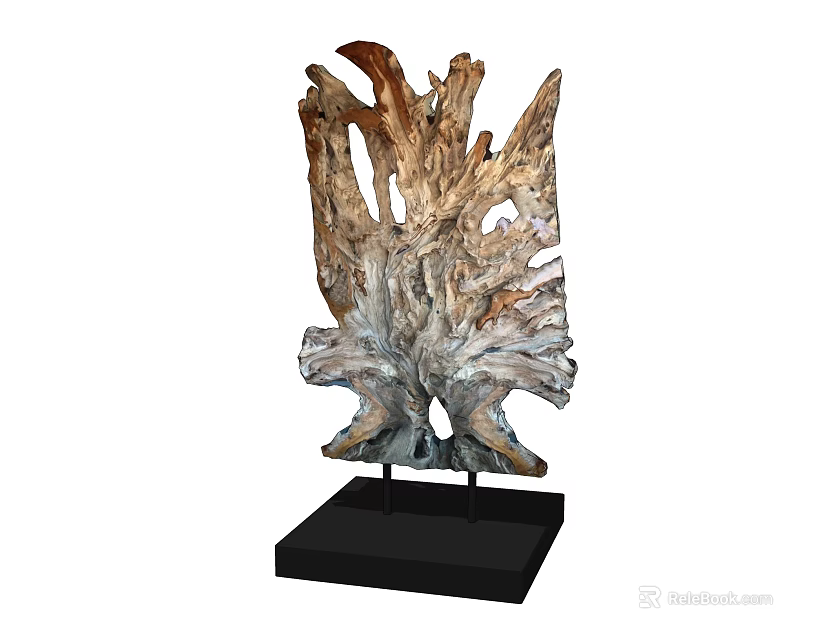 Decorative Ornament Set With Natural Wood Sculptural Design And Black Base Stand 3d model 