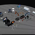 Modern Automotive Scene with Blue Audi Car White Robots Display Platform and Screen