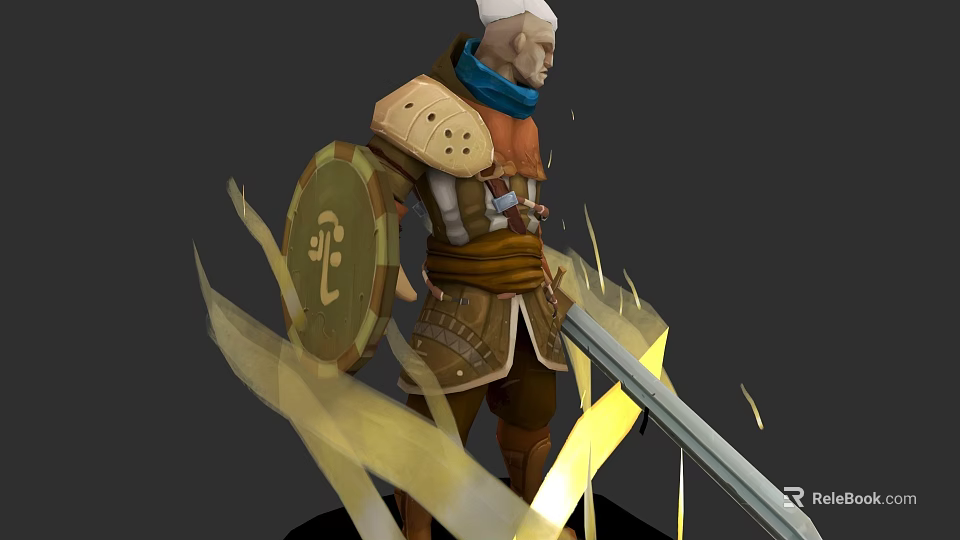 Game Fantasy Character With White Hair Blue Scarf Armor Shield Glowing Sword And Yellow Aura 3d model 