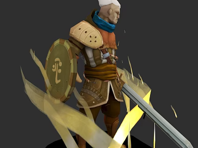 Game Fantasy Character With White Hair Blue Scarf Armor Shield Glowing Sword And Yellow Aura 3d model