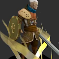 Game Fantasy Character With White Hair Blue Scarf Armor Shield Glowing Sword And Yellow Aura