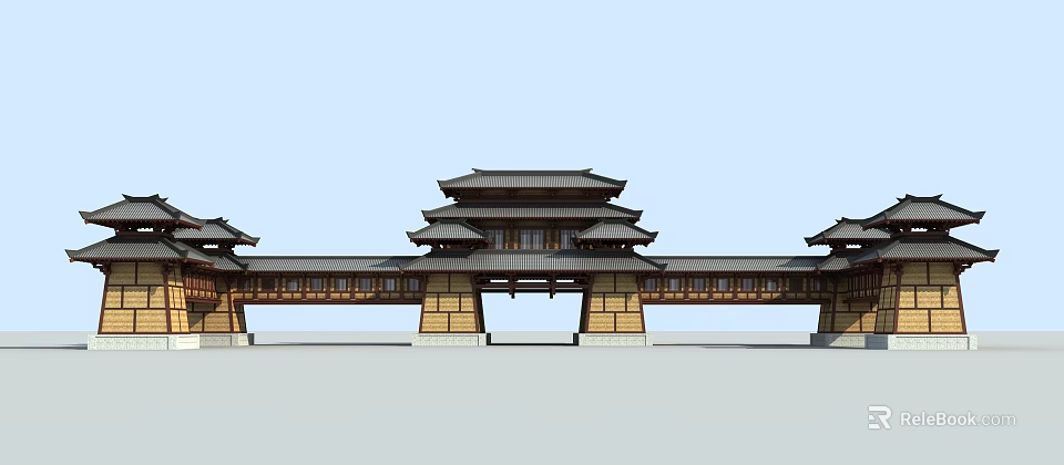 Traditional Chinese Entrance Gate With Classic Wooden Structure Symmetric Design And Multi Layered Roof 3d model 