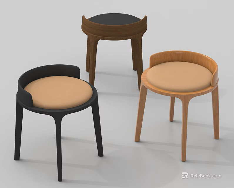 Modern Three Stools With Wooden Legs And Upholstered Seats In Black Brown Beige 3d model 