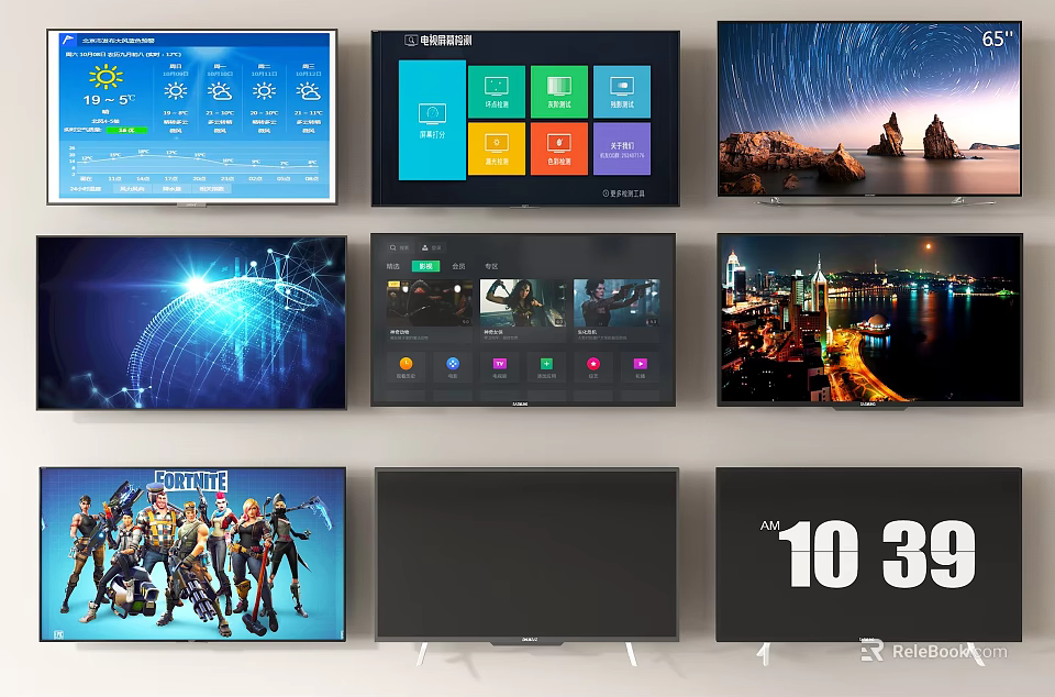 Smart TVs Showcasing Diverse Screen Content Including Scenic Views App Interfaces And Games 3d model