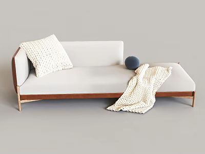 Modern White Lazy Sofa With Wooden Frame Knitted Pillow Blanket And Blue Ball Decor 3d model
