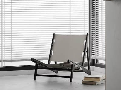 Modern Leisure Chair With Black Frame Near Window Blinds And Stacked Books 3d model