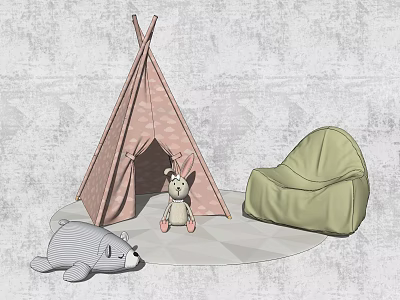 Pink Patterned Kids Play Tent With Stuffed Bear And Green Bean Bag Chair 3d model