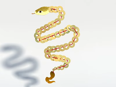 Winding Snake Shaped Floral Art Decor With Golden Circular Pieces And Red Lines 3d model