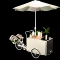 Stylish White Cart with Umbrella Displaying Flower Bouquet Green Plants and Drinks