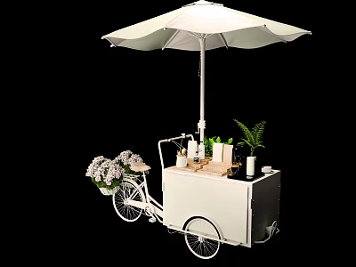 Stylish White Cart with Umbrella Displaying Flower Bouquet Green Plants and Drinks 3d model