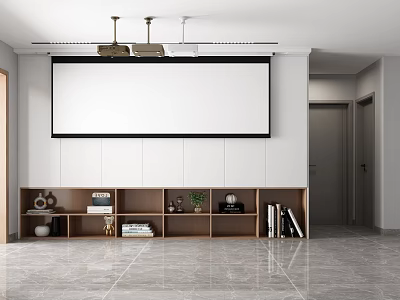 Projection Monitoring System With Large Screen Ceiling Lights In Modern Room Wooden Shelf Decorations 3d model