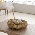 Nest Shaped Straw Decorative Ornament Set With White And Brown Eggs On Wooden Table