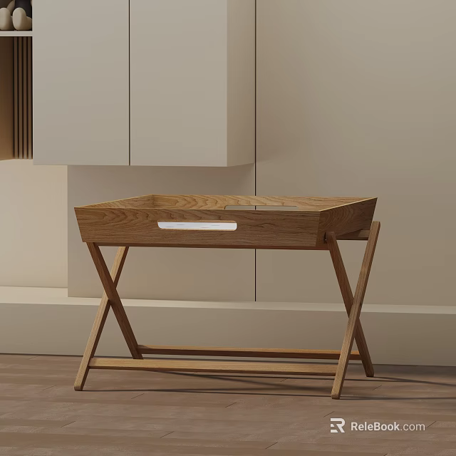 Oak Wood Side Table With Tray Top And X Shaped Frame For Modern Home Decor 3d model 
