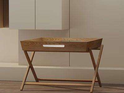 Oak Wood Side Table With Tray Top And X Shaped Frame For Modern Home Decor 3d model