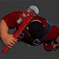 The Man in Red Shirt and Blue Overalls Holding Wrench Standing Against Gray Background