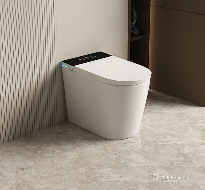 Modern Smart Toilet With Black Panel Sleek White Design And Vertical Striped Bathroom Wall 3d model 