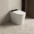 Modern Smart Toilet With Black Panel Sleek White Design And Vertical Striped Bathroom Wall