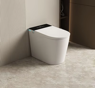 Modern Smart Toilet With Black Panel Sleek White Design And Vertical Striped Bathroom Wall 3d model