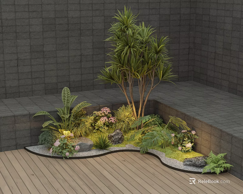 Lush Plant Combination in Corner Space with Wooden Floor Gray Brick Walls Ferns and Flowers 3d model 