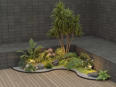 Lush Plant Combination in Corner Space with Wooden Floor Gray Brick Walls Ferns and Flowers 3d model