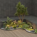Lush Plant Combination in Corner Space with Wooden Floor Gray Brick Walls Ferns and Flowers