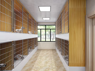 Pet Shop Interior With Rows Of Cages Wooden Walls And Window 3d model