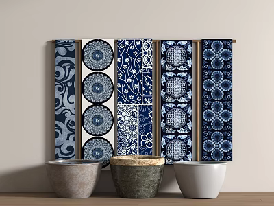 Blue And White Patterned Curtain Samples With Various Designs And Ceramic Pots Below 3d model