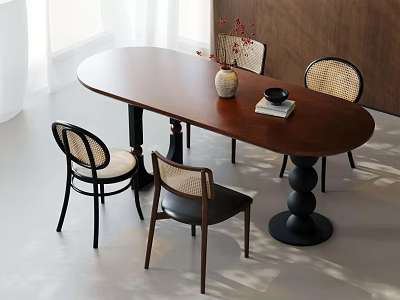 Elegant Retro Solid Wood Oval Dining Table Set With Woven Rattan Dining Chairs 3d model