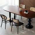 Elegant Retro Solid Wood Oval Dining Table Set With Woven Rattan Dining Chairs