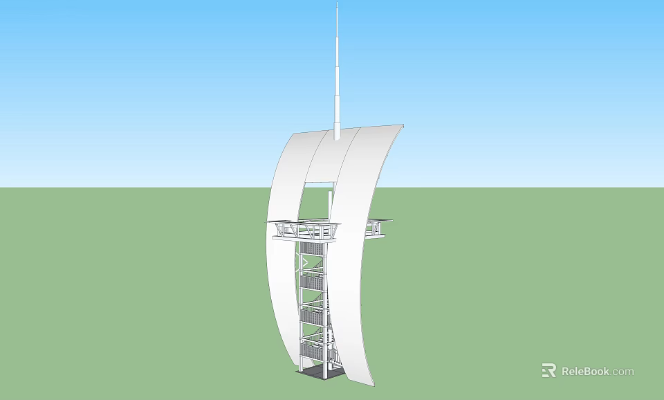Modern White Tower With Curved Structure Antenna On Top And Platform At Bottom 3d model 