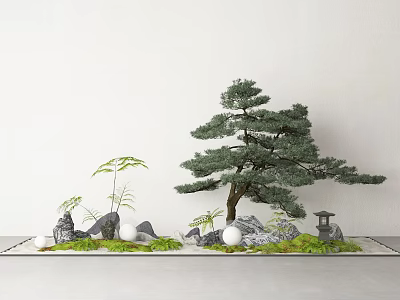 Traditional Bonsai Tree Arrangement With Small Bamboo Stones Moss And Small Lantern 3d model