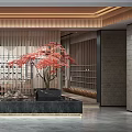 Traditional Tea Room Interior With Wooden Lattice Red Maple And Rockery Decor