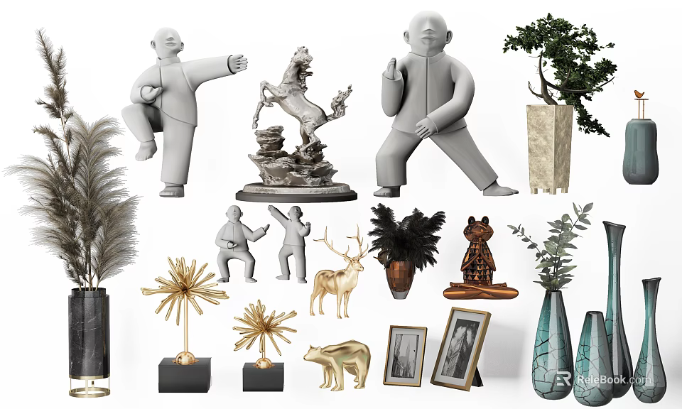 Decorative Ornament Set with Figural Sculptures Animal Figurines Plant Decor Vases and Photo Frames 3d model 