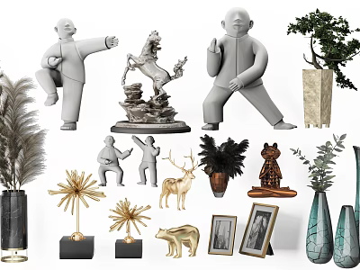Decorative Ornament Set with Figural Sculptures Animal Figurines Plant Decor Vases and Photo Frames 3d model