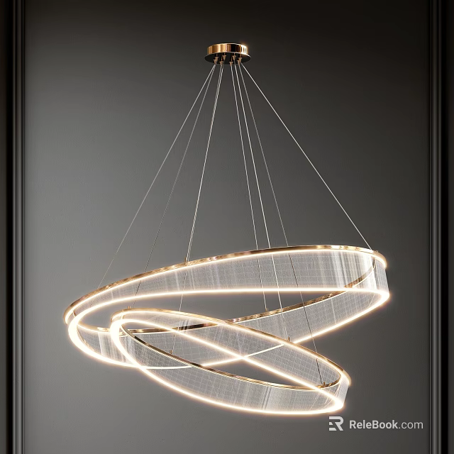 Modern Circular Chandelier with Illuminated Layered Rings and Hanging Cables 3d model 