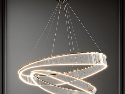 Modern Circular Chandelier with Illuminated Layered Rings and Hanging Cables 3d model