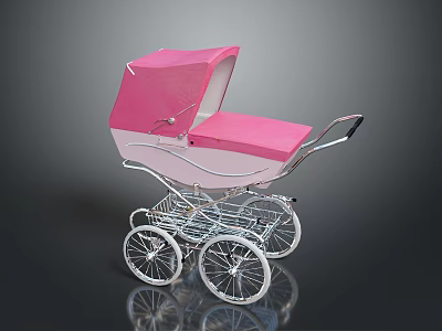 Vintage Pink And White Baby Stroller With Silver Metal Frame And Wheels 3d model