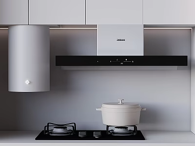 Modern Kitchen With White Range Hood Gas Stove Pot And Cabinets 3d model