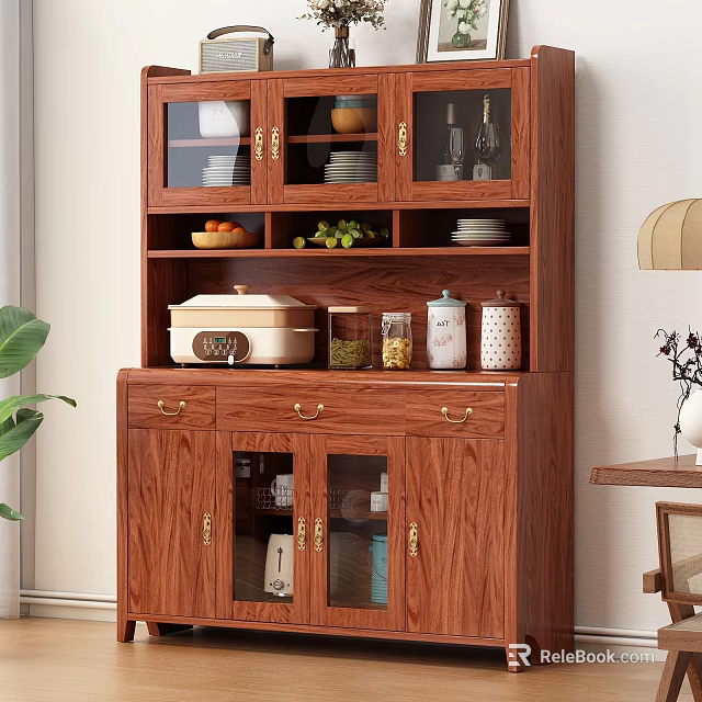 Wooden Sideboard With Glass Doors Drawers And Display Shelves For Home Storage 3d model 