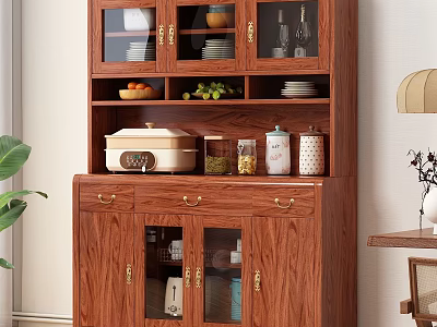 Wooden Sideboard With Glass Doors Drawers And Display Shelves For Home Storage 3d model