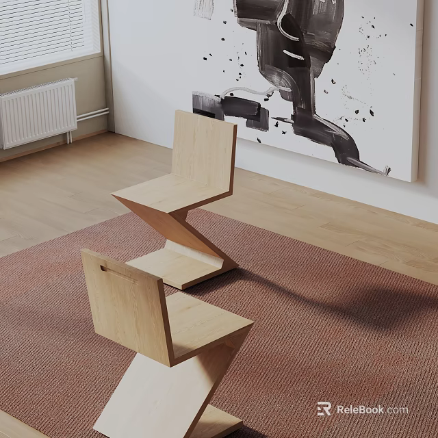 Wooden Leisure Chairs With Modern Z Shaped Structure On Carpet In Room With Abstract Painting 3d model 