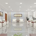 Modern Conference Room Interior With White Sofas Wooden Coffee Tables Green Plants And Large Windows