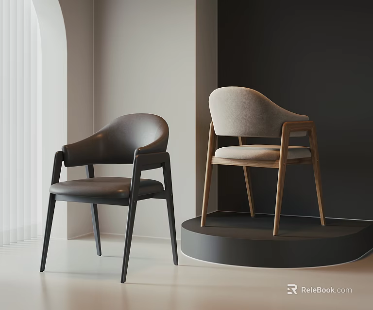Two Accent Chairs Dark Gray Leather Light Gray Fabric With Wooden Legs In Minimalist Interior 3d model 
